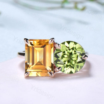 Minimalist Two stone engagement ring 14k rose gold emerald cut citrine and round peridot wedding ring Plain Band anniversary bridal gifts - PENFINE
