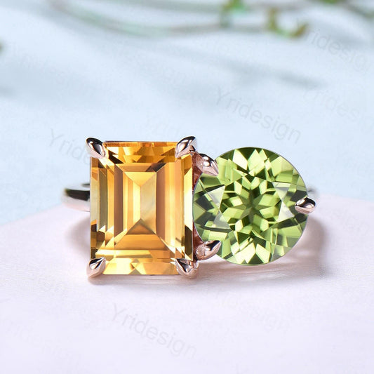 Minimalist Two stone engagement ring 14k rose gold emerald cut citrine and round peridot wedding ring Plain Band anniversary bridal gifts - PENFINE