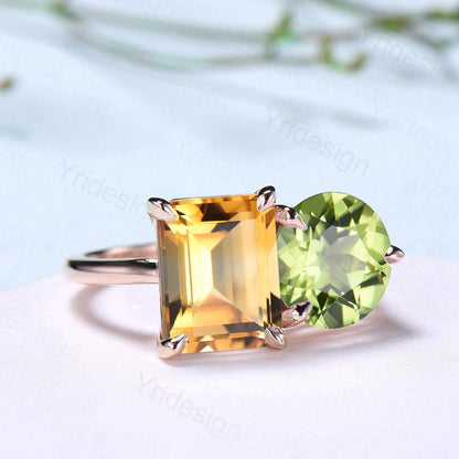Minimalist Two stone engagement ring 14k rose gold emerald cut citrine and round peridot wedding ring Plain Band anniversary bridal gifts - PENFINE