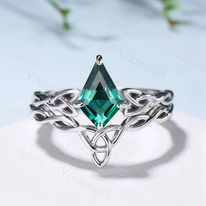 Emerald Wedding Ring Set, Norse Viking Lab Emerald Engagement Ring, Celtic Knot May Birthstone Jewelry, White Gold 2Pcs Twisted Bridal Set - PENFINE