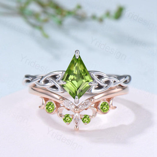 Norse Viking Kite Cut Peridot Engagement Ring Set Unique Celtic Love Knot August Birthstone Butterfly Wedding Band Vintage Twist Bridal Set - PENFINE