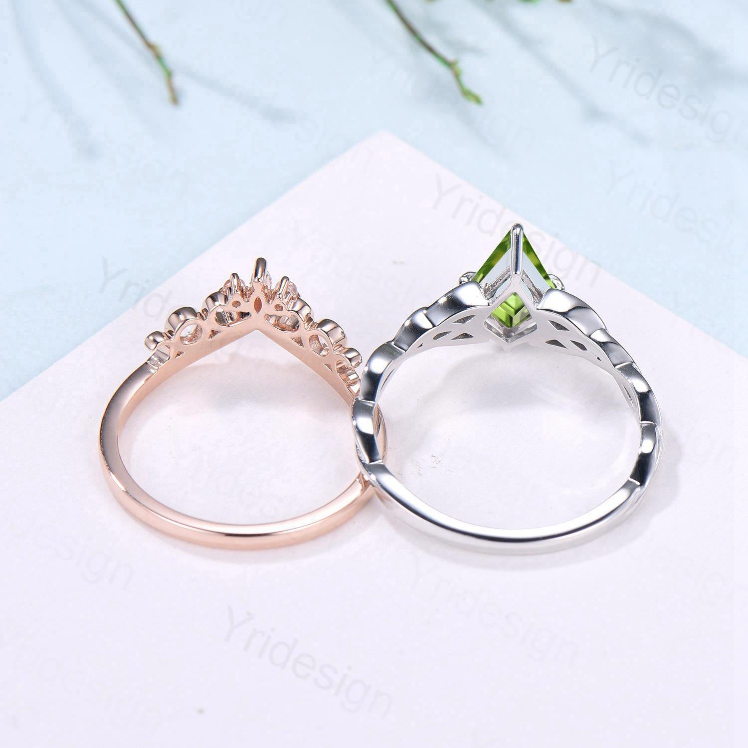 Norse Viking Kite Cut Peridot Engagement Ring Set Unique Celtic Love Knot August Birthstone Butterfly Wedding Band Vintage Twist Bridal Set - PENFINE