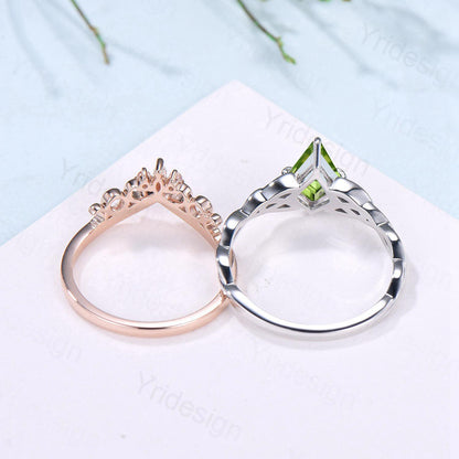 Norse Viking Kite Cut Peridot Engagement Ring Set Unique Celtic Love Knot August Birthstone Butterfly Wedding Band Vintage Twist Bridal Set - PENFINE