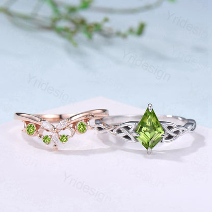 Norse Viking Kite Cut Peridot Engagement Ring Set Unique Celtic Love Knot August Birthstone Butterfly Wedding Band Vintage Twist Bridal Set - PENFINE
