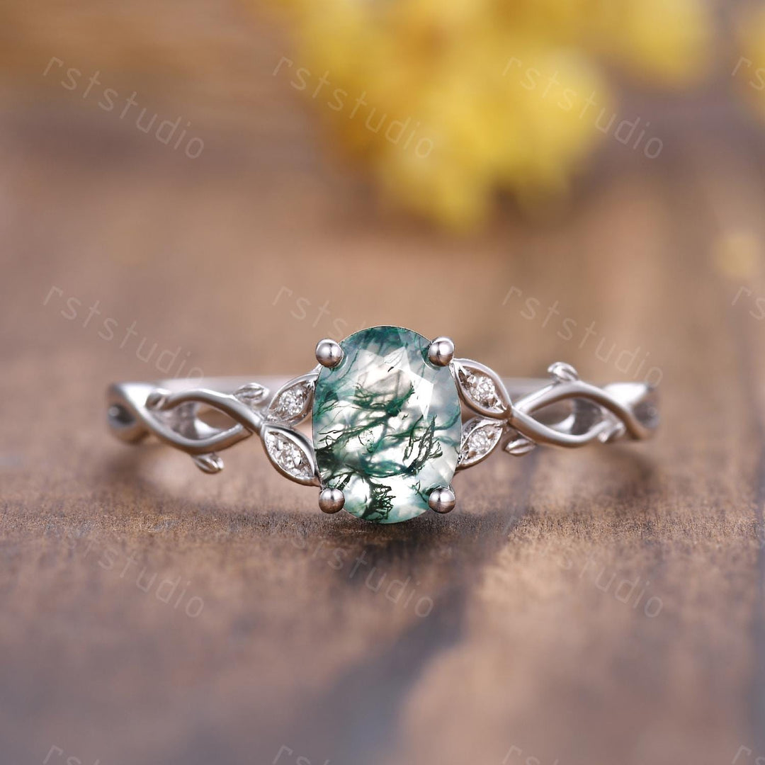 Vintage Moss Agate Couples Ring Set: Kite Spinel 14K White Gold Wedding Bands