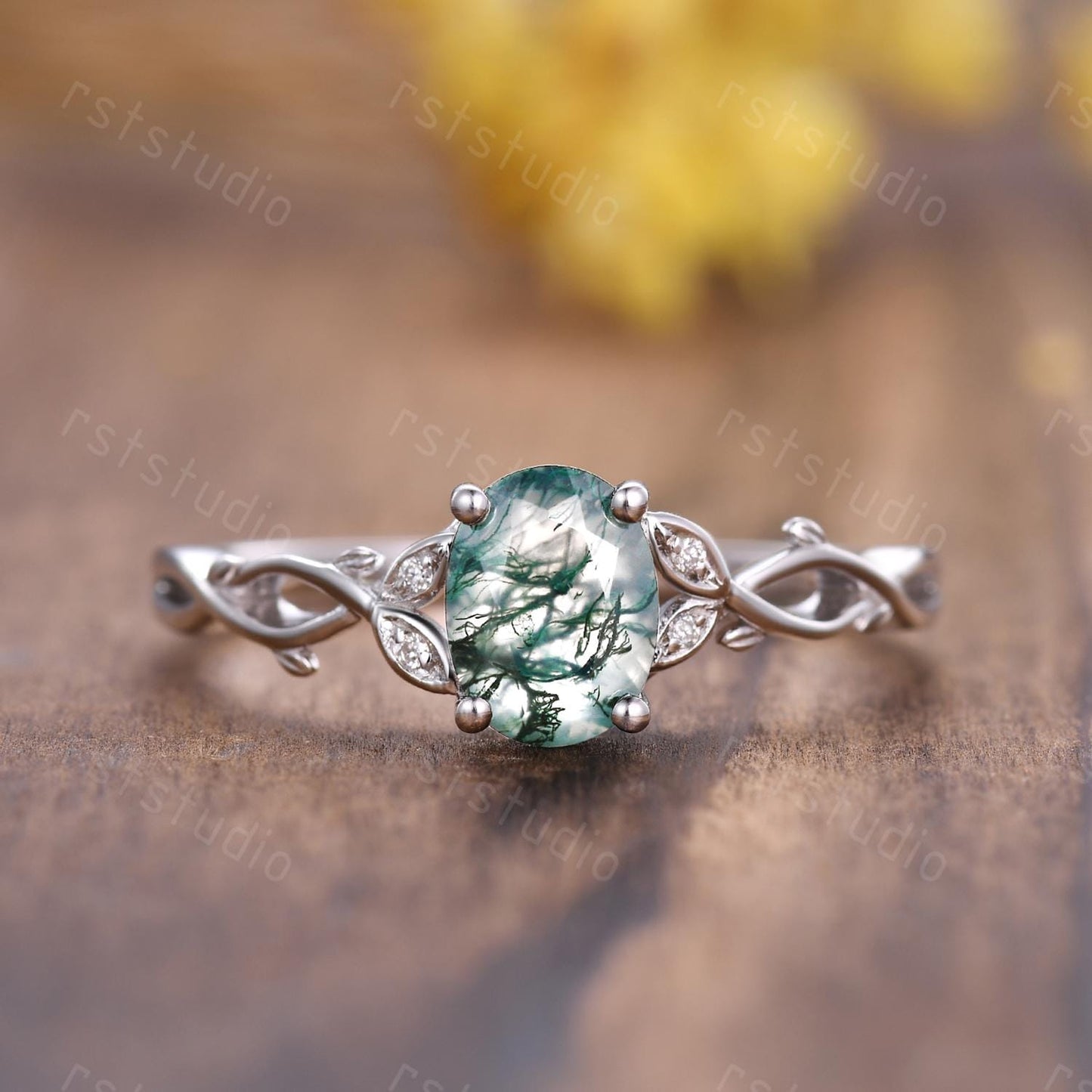 Couple Ring Set: Mens Kite Black Spinel Ring: Women's Moss Agate Ring