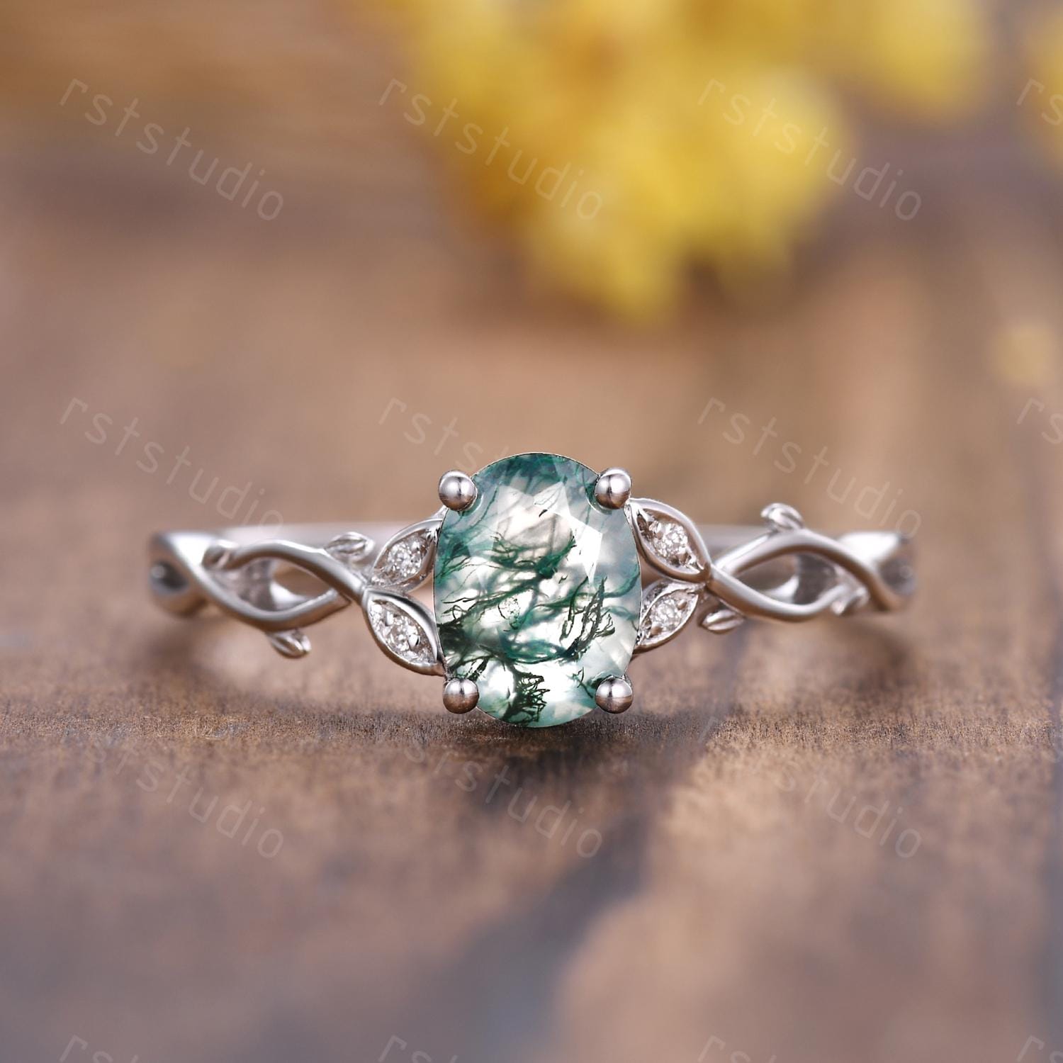 Couple Ring Set: Mens Kite Black Spinel Ring: Women's Moss Agate Ring