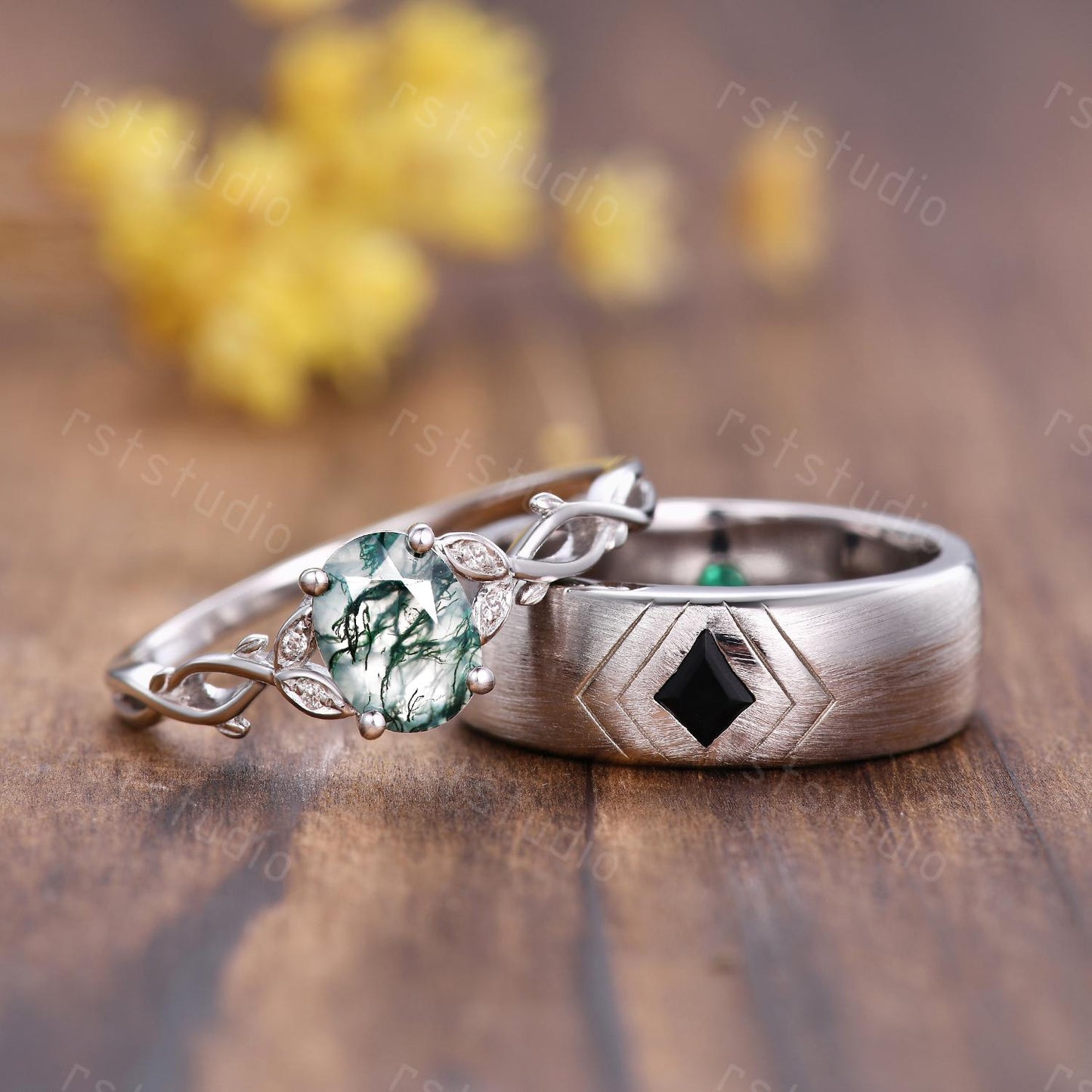 Couple Ring Set: Mens Kite Black Spinel Ring: Women's Moss Agate Ring