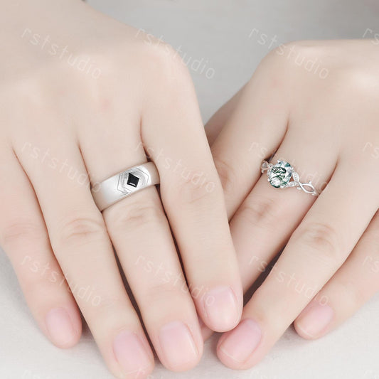 Vintage Moss Agate Couples Ring Set: Kite Spinel 14K White Gold Wedding Bands