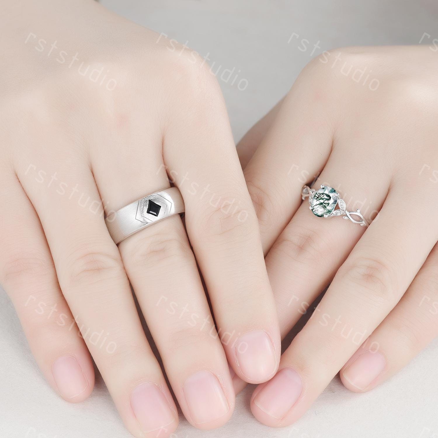 Couple Ring Set: Mens Kite Black Spinel Ring: Women's Moss Agate Ring