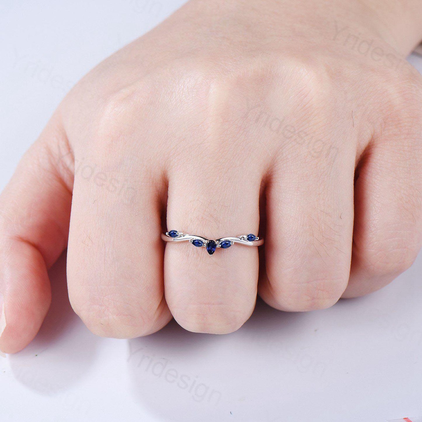 Pear Shaped And Marquise Blue Sapphire Wedding Band Stacking Wedding Ring Curved Wedding Band Dainty Ring Bridal Promise Ring for Women - PENFINE