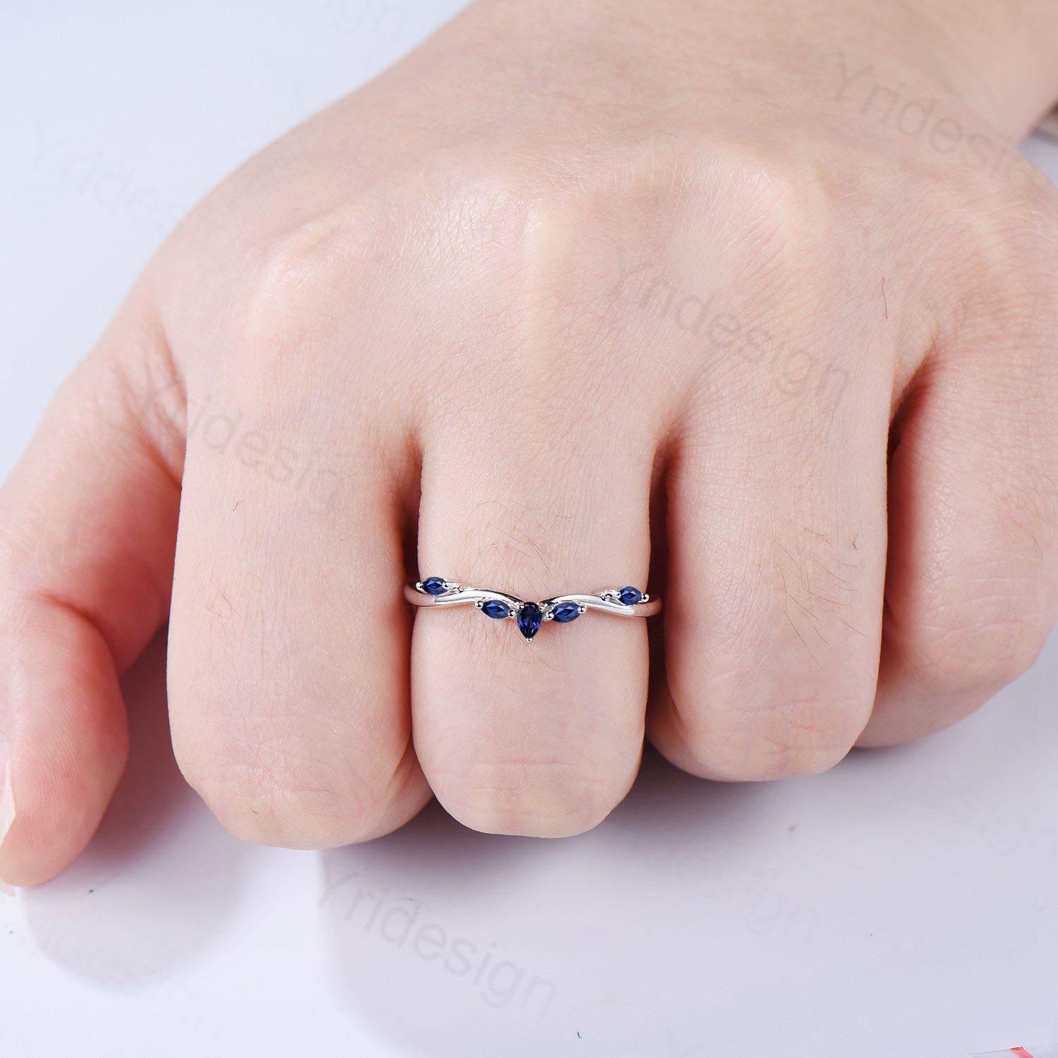 Pear Shaped And Marquise Blue Sapphire Wedding Band Stacking Wedding Ring Curved Wedding Band Dainty Ring Bridal Promise Ring for Women - PENFINE