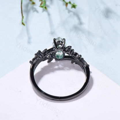 Unique Black Gold Moss Agate Ring Natural Inspired Gothic Marquise Cut Engagement Ring Branch Cluster Emerald Split Shank Wedding Ring Women - PENFINE