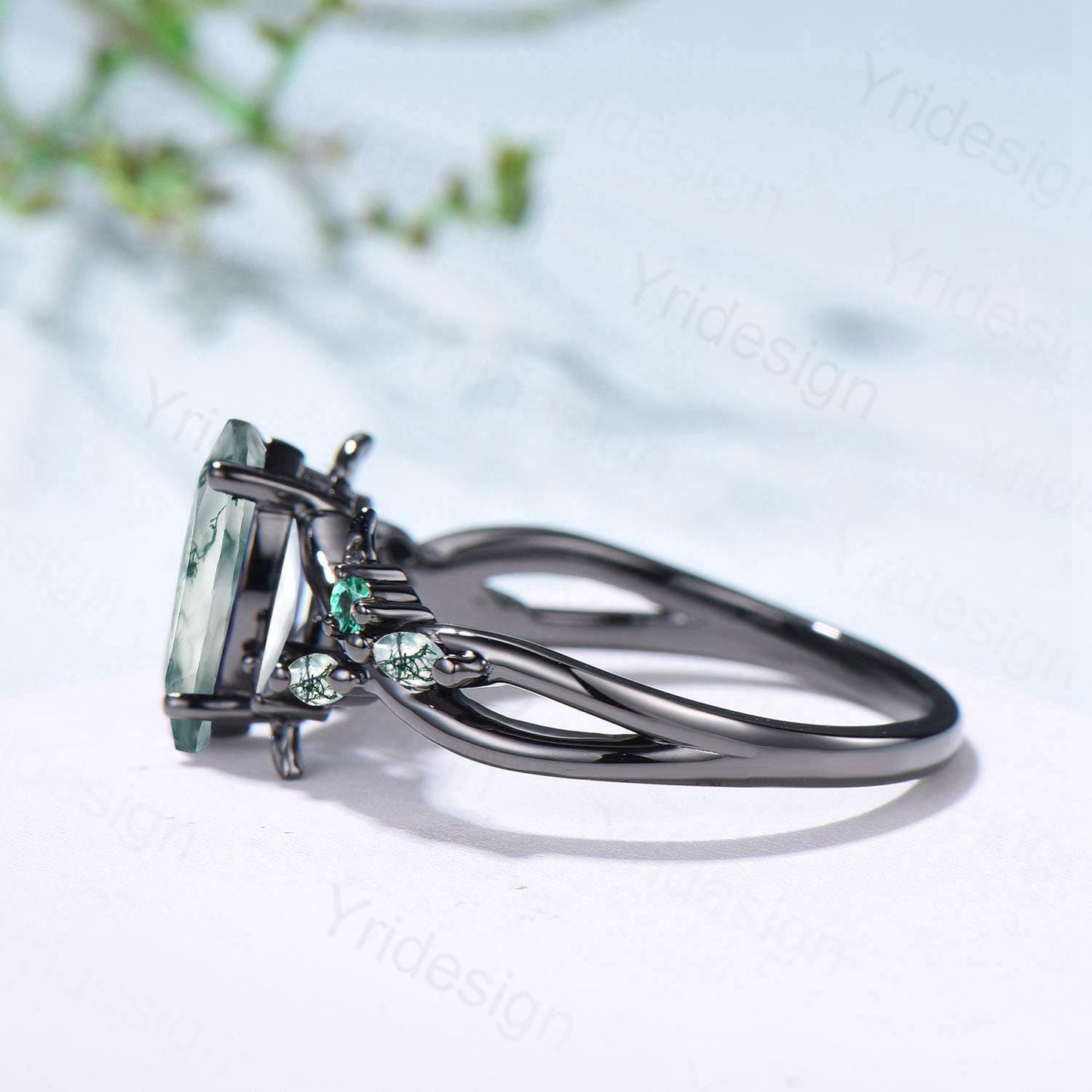 Unique Black Gold Moss Agate Ring Natural Inspired Gothic Marquise Cut Engagement Ring Branch Cluster Emerald Split Shank Wedding Ring Women - PENFINE