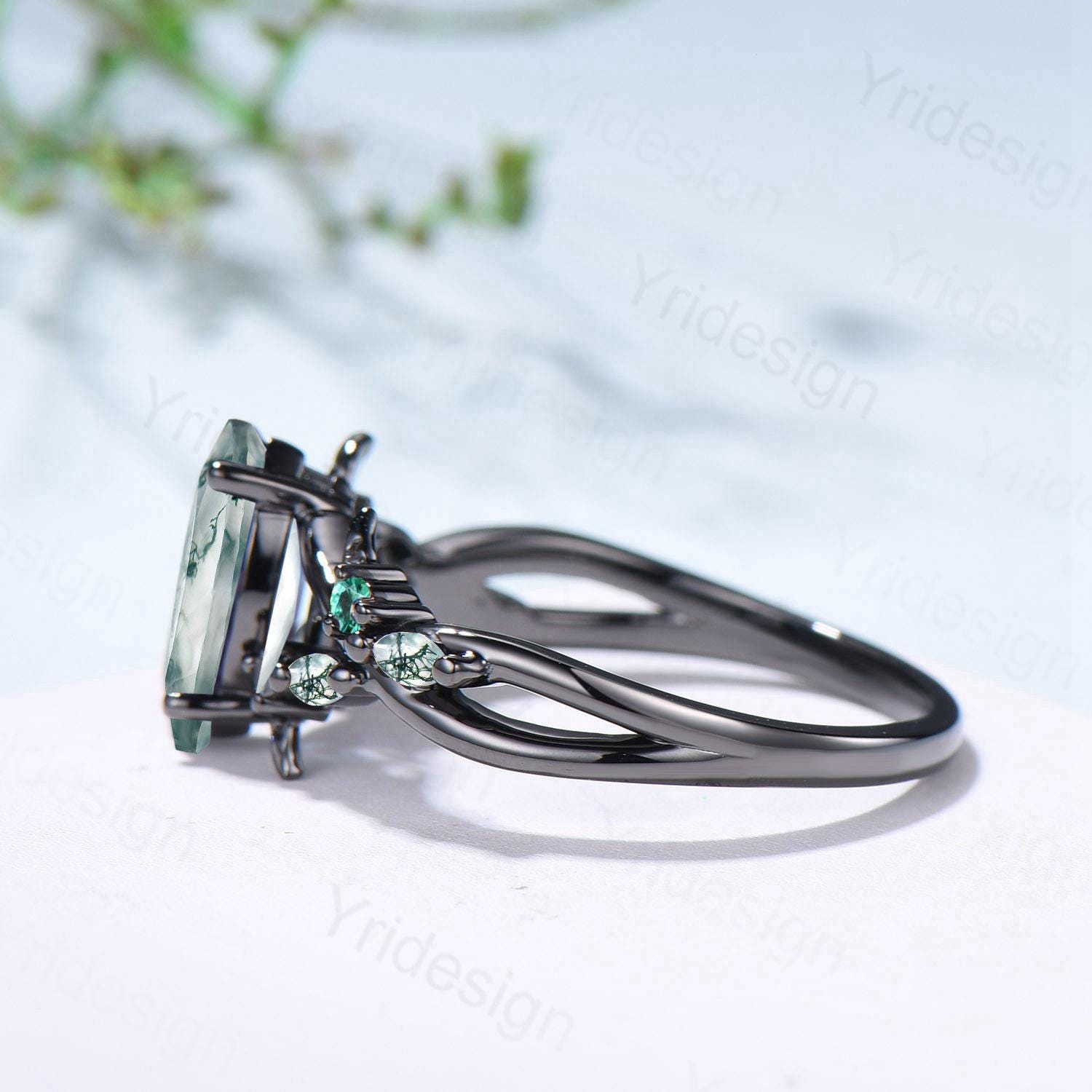 Unique Black Gold Moss Agate Ring Natural Inspired Gothic Marquise Cut Engagement Ring Branch Cluster Emerald Split Shank Wedding Ring Women - PENFINE