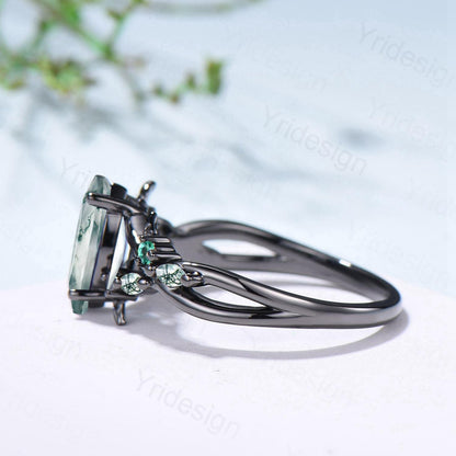 Unique Black Gold Moss Agate Ring Natural Inspired Gothic Marquise Cut Engagement Ring Branch Cluster Emerald Split Shank Wedding Ring Women - PENFINE
