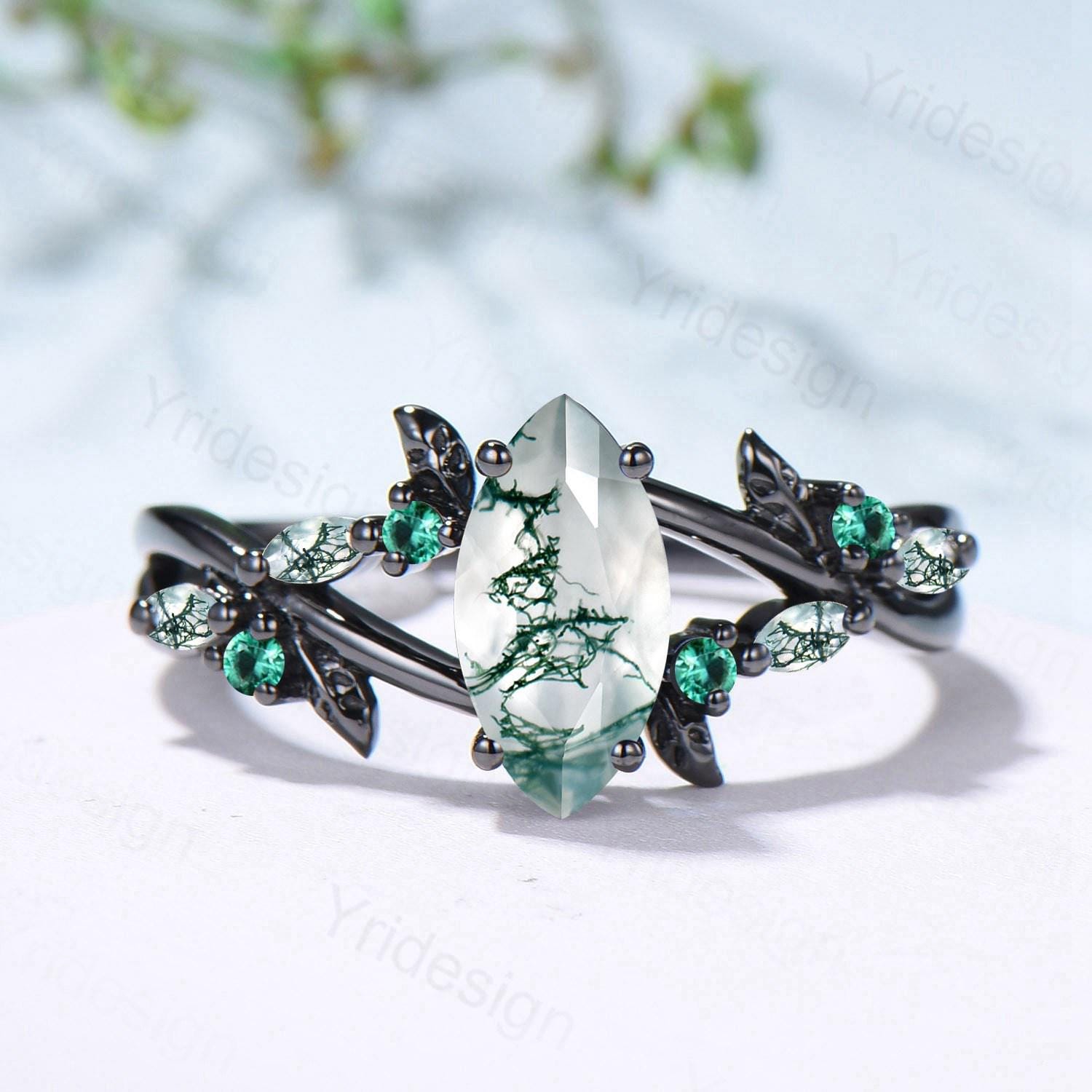 Unique Black Gold Moss Agate Ring Natural Inspired Gothic Marquise Cut Engagement Ring Branch Cluster Emerald Split Shank Wedding Ring Women - PENFINE