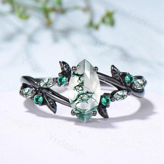 Unique Black Gold Moss Agate Ring Natural Inspired Gothic Marquise Cut Engagement Ring Branch Cluster Emerald Split Shank Wedding Ring Women - PENFINE