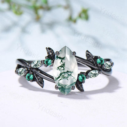 Unique Black Gold Moss Agate Ring Natural Inspired Gothic Marquise Cut Engagement Ring Branch Cluster Emerald Split Shank Wedding Ring Women - PENFINE