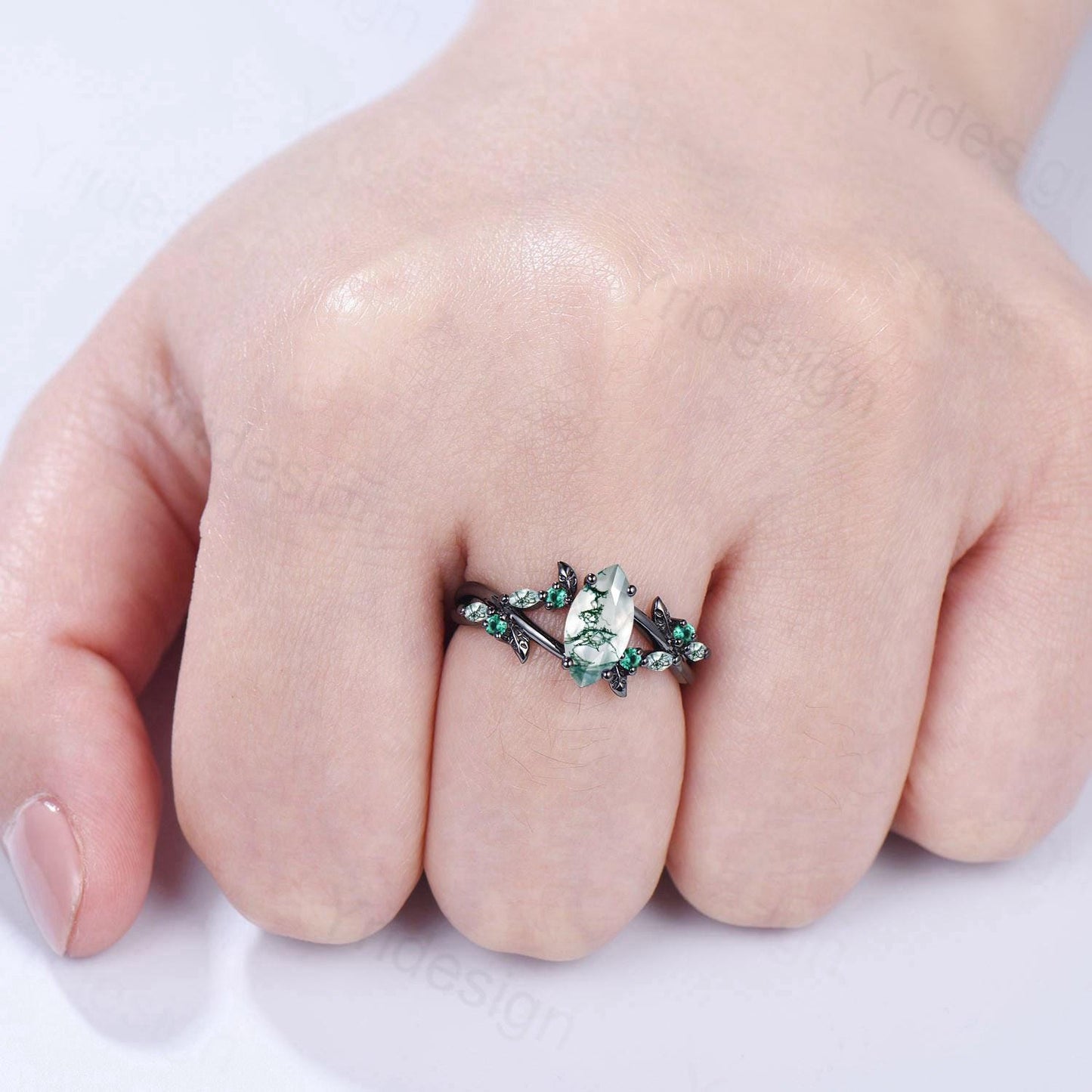 Unique Black Gold Moss Agate Ring Natural Inspired Gothic Marquise Cut Engagement Ring Branch Cluster Emerald Split Shank Wedding Ring Women - PENFINE