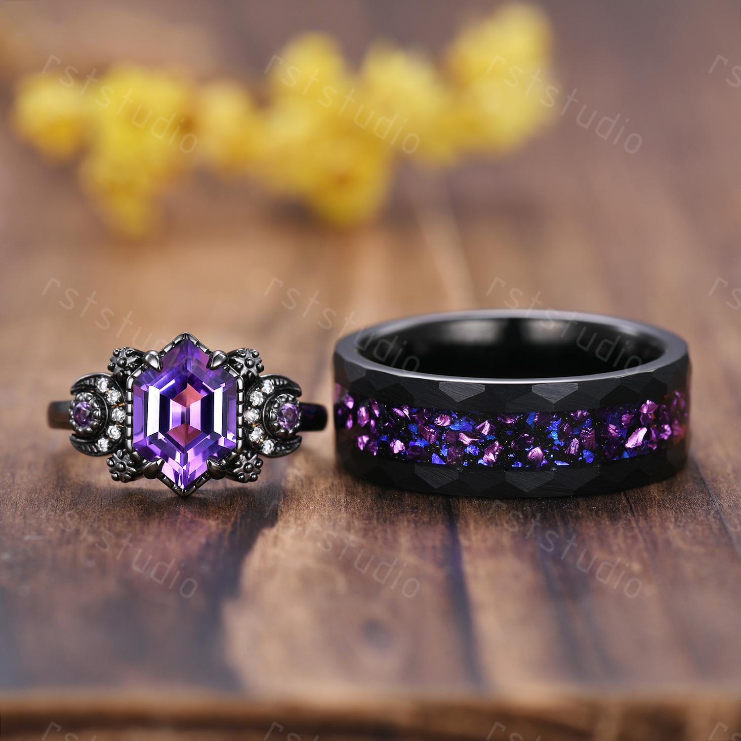 Gothic Hexagon Amethyst Wedding Ring Set: Tungsten & Black Gold Plated
