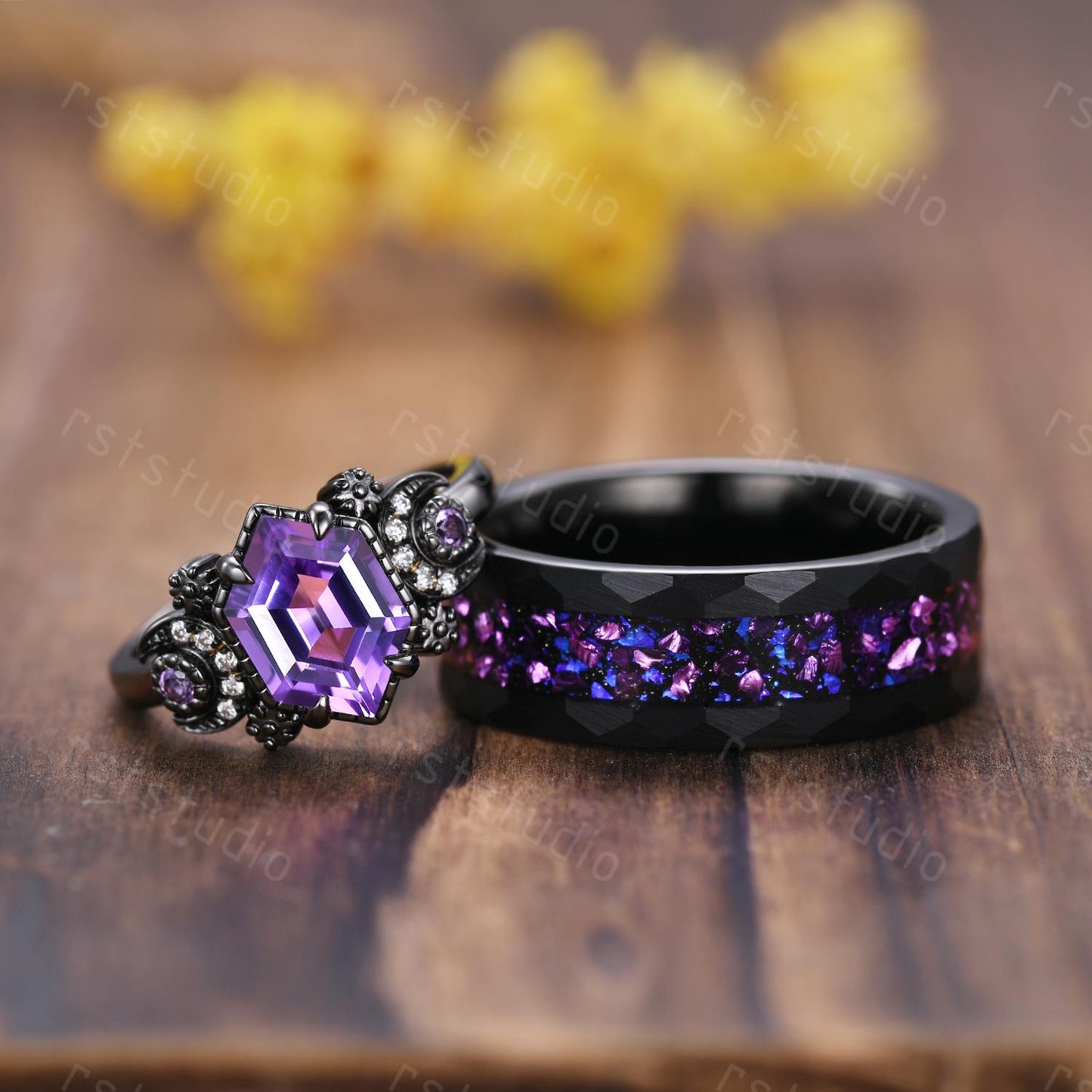 Gothic Hexagon Amethyst Wedding Ring Set: Tungsten & Black Gold Plated