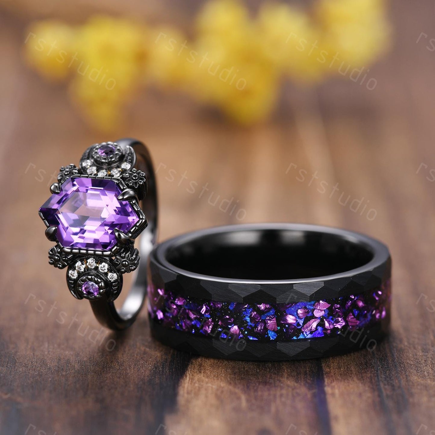 Gothic Hexagon Amethyst Wedding Ring Set: Tungsten & Black Gold Plated