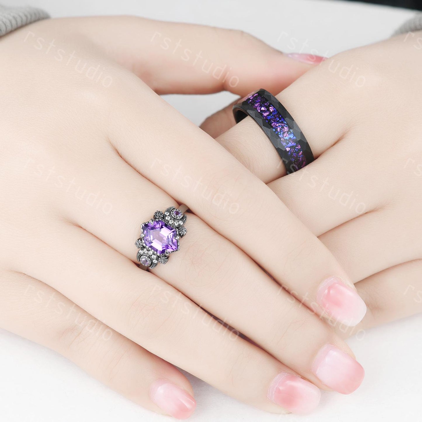 Gothic Hexagon Amethyst Wedding Ring Set: Tungsten & Black Gold Plated
