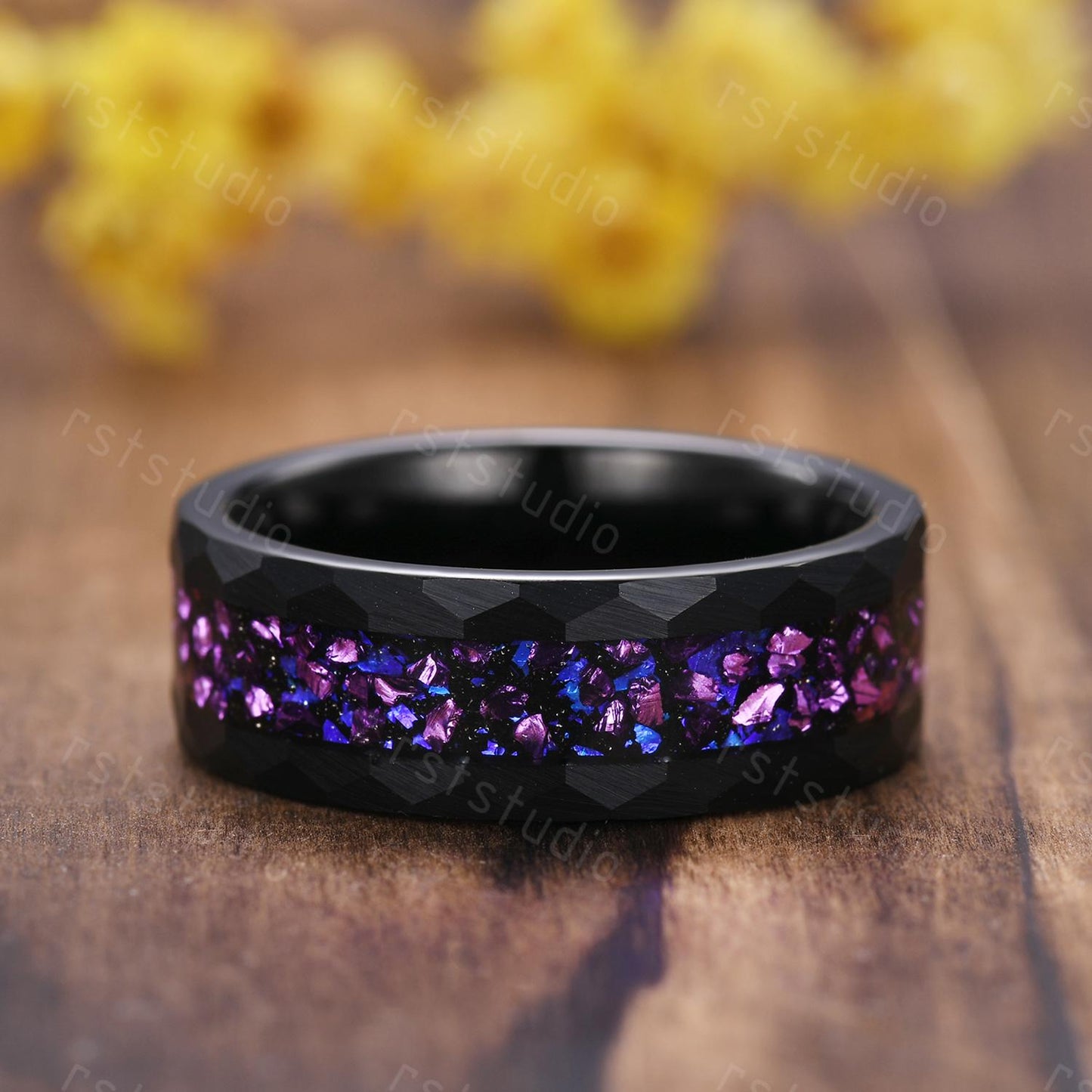 Gothic Hexagon Amethyst Wedding Ring Set: Tungsten & Black Gold Plated