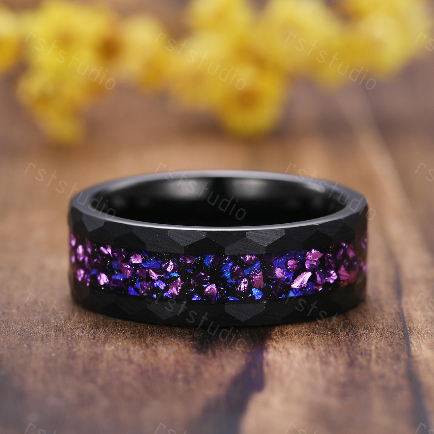 Gothic Hexagon Amethyst Wedding Ring Set: Tungsten & Black Gold Plated
