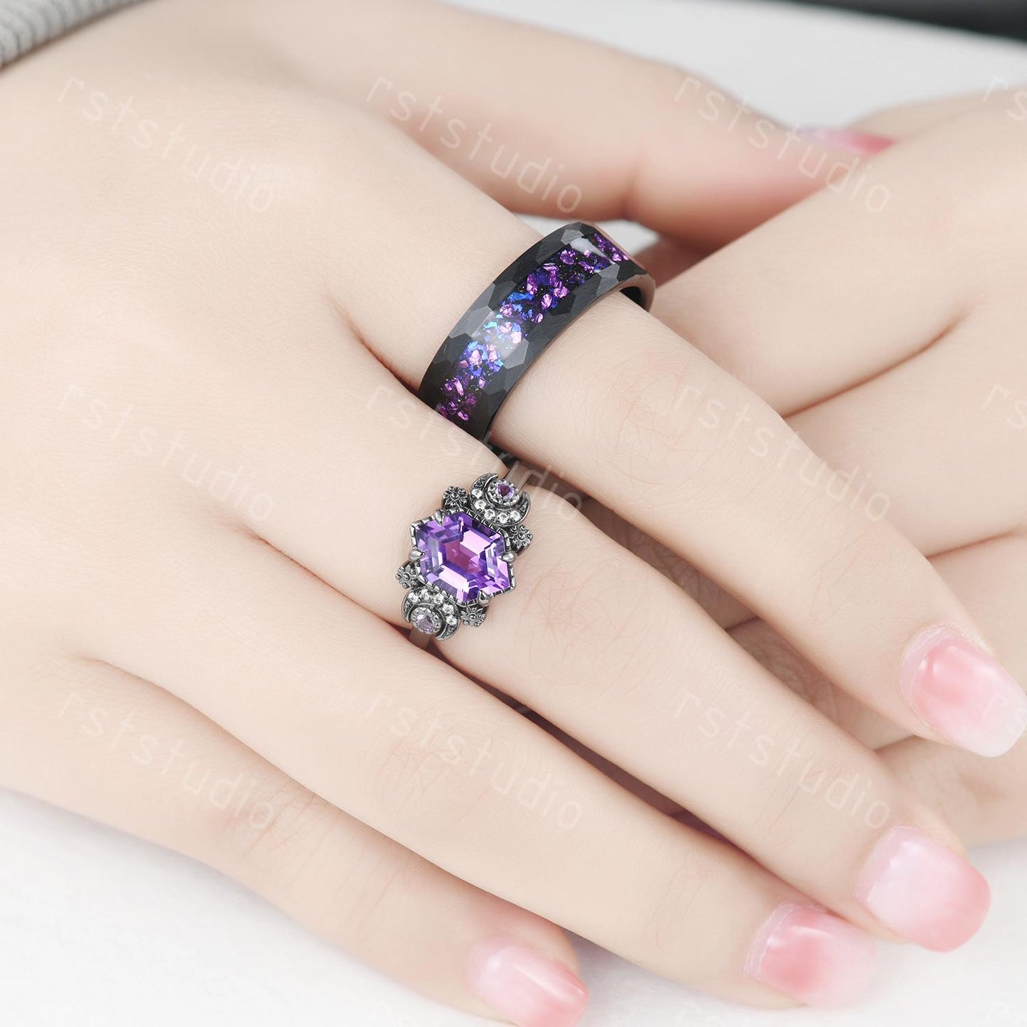 Gothic Hexagon Amethyst Wedding Ring Set: Tungsten & Black Gold Plated