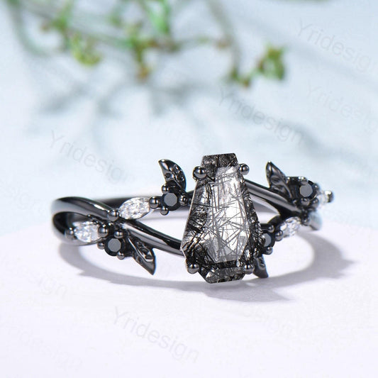 Art Deco Coffin Shape Black Rutilated Quartz Ring Black Gold Shield Shape Gothic Engagement Ring Handmade Anniversary Proposal Gifts Women - PENFINE