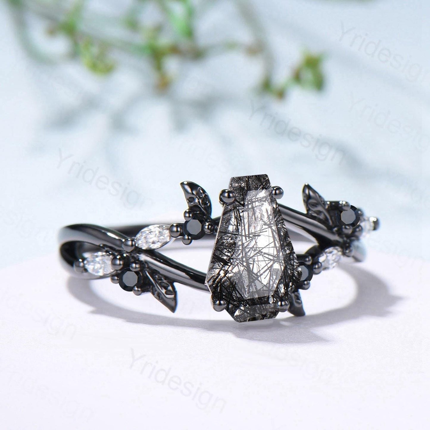 Art Deco Coffin Shape Black Rutilated Quartz Ring Black Gold  Shield Shape Gothic Engagement Ring Handmade Anniversary Proposal Gifts Women - PENFINE