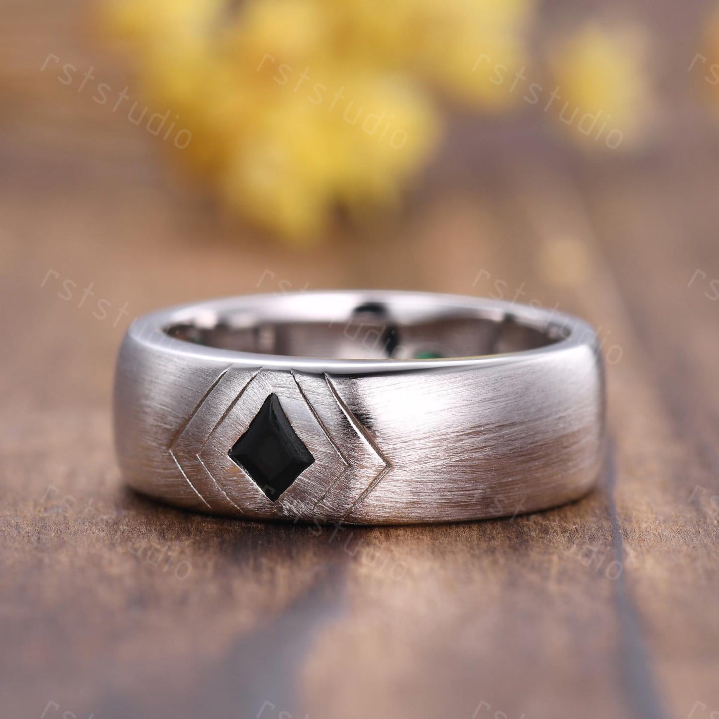 Couple Ring Set: Mens Kite Black Spinel Ring: Women's Moss Agate Ring