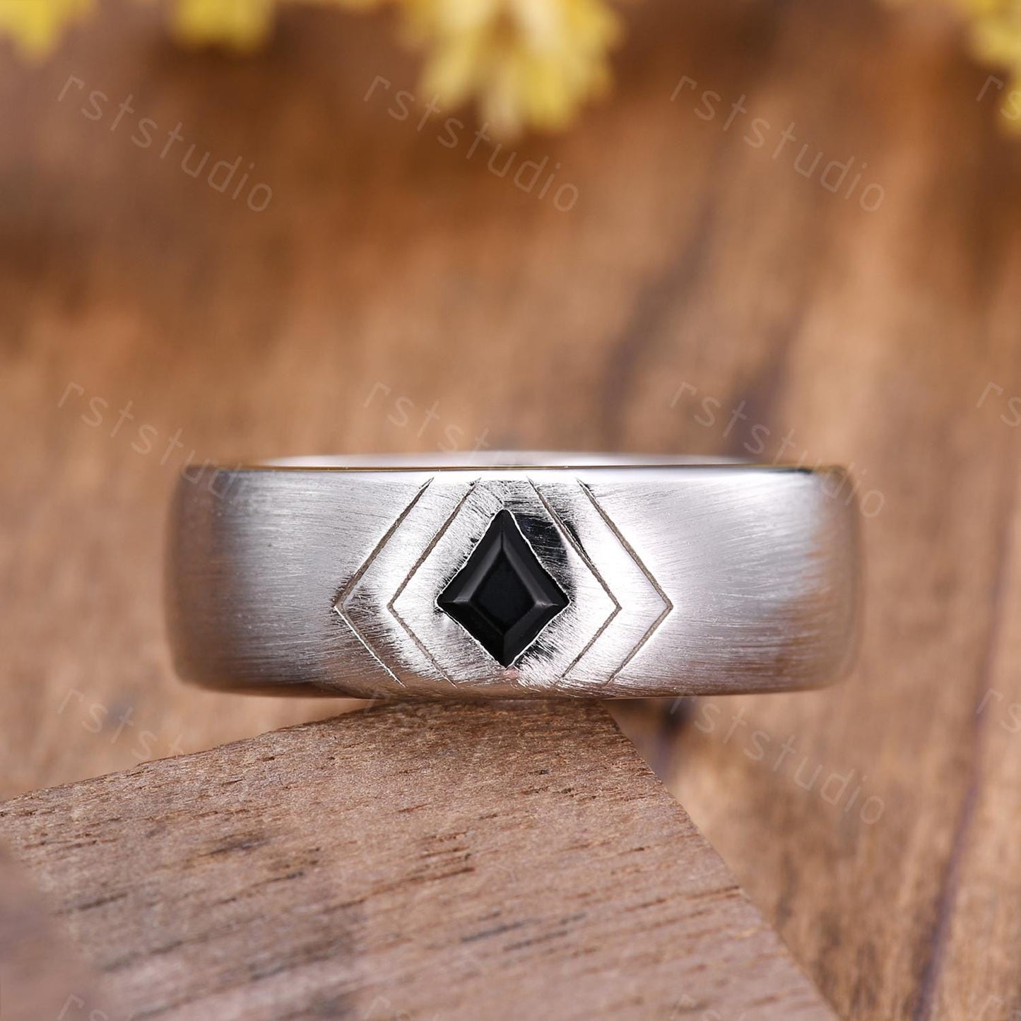Couple Ring Set: Mens Kite Black Spinel Ring: Women's Moss Agate Ring