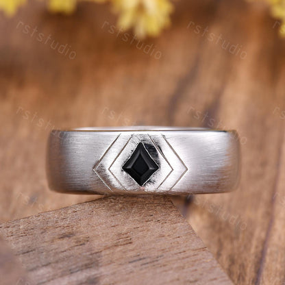 Couple Ring Set: Mens Kite Black Spinel Ring: Women's Moss Agate Ring