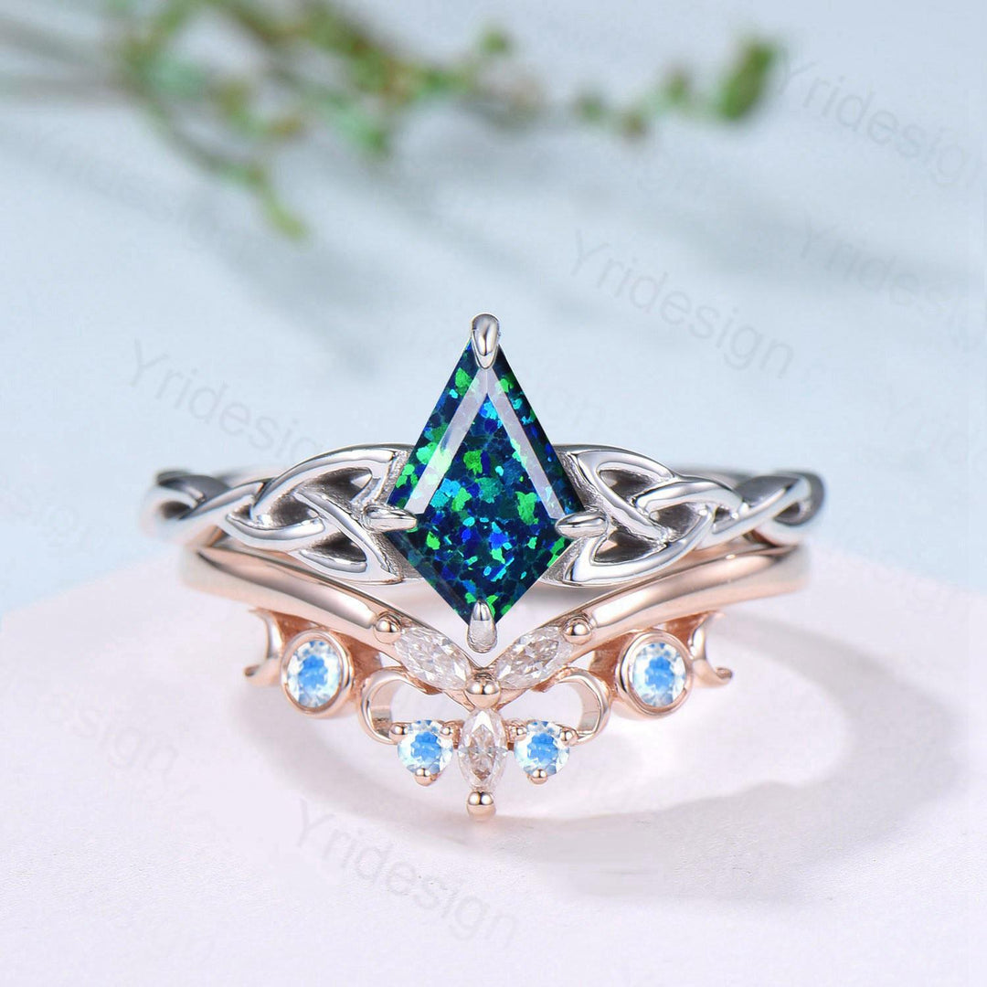 Norse Viking Kite Blue Opal Engagement Ring Set Unique Celtic Love Knot October Birthstone Promise Ring Butterfly Moonstone Stacking Band - PENFINE