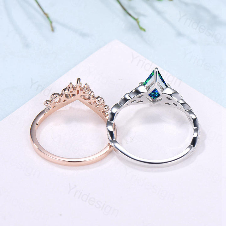 Norse Viking Kite Blue Opal Engagement Ring Set Unique Celtic Love Knot October Birthstone Promise Ring Butterfly Moonstone Stacking Band - PENFINE