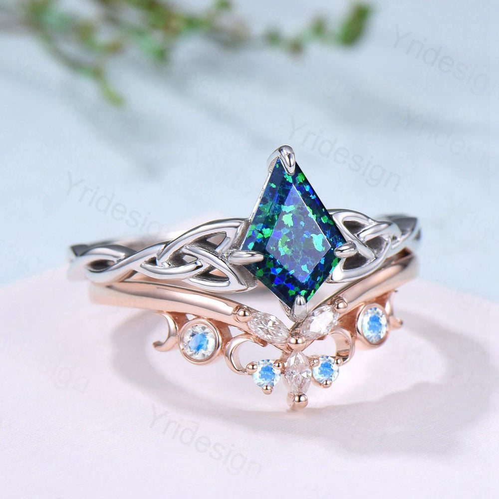 Norse Viking Kite Blue Opal Engagement Ring Set Unique Celtic Love Knot October Birthstone Promise Ring Butterfly Moonstone Stacking Band - PENFINE