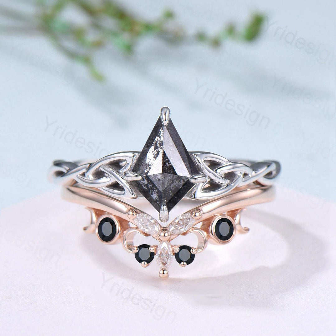Norse Viking Kite cut salt pepper diamond engagement ring celtic knot pepper diamond bridal set unique black spinel staking band wedding set - PENFINE