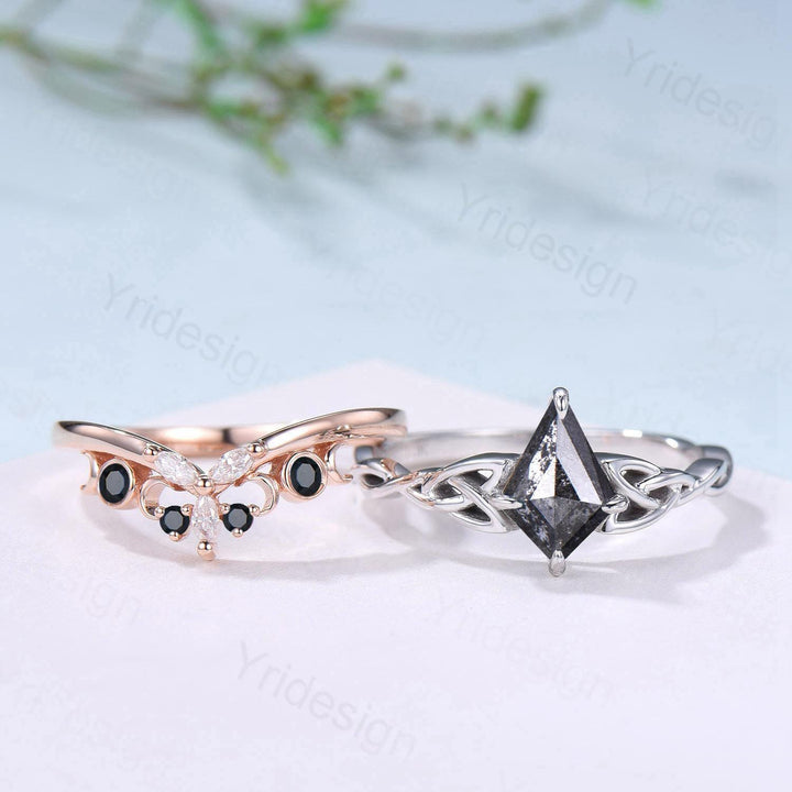 Norse Viking Kite cut salt pepper diamond engagement ring celtic knot pepper diamond bridal set unique black spinel staking band wedding set - PENFINE