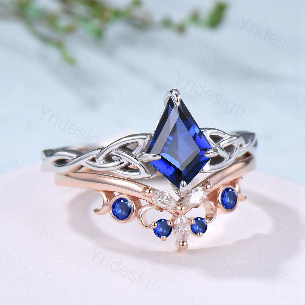Norse Viking Kite Cut Blue Sapphire Engagement Ring Set Unique Celtic Love Knot Sep Birthstone Butterfly Wedding Band Twist Bridal Set Women - PENFINE