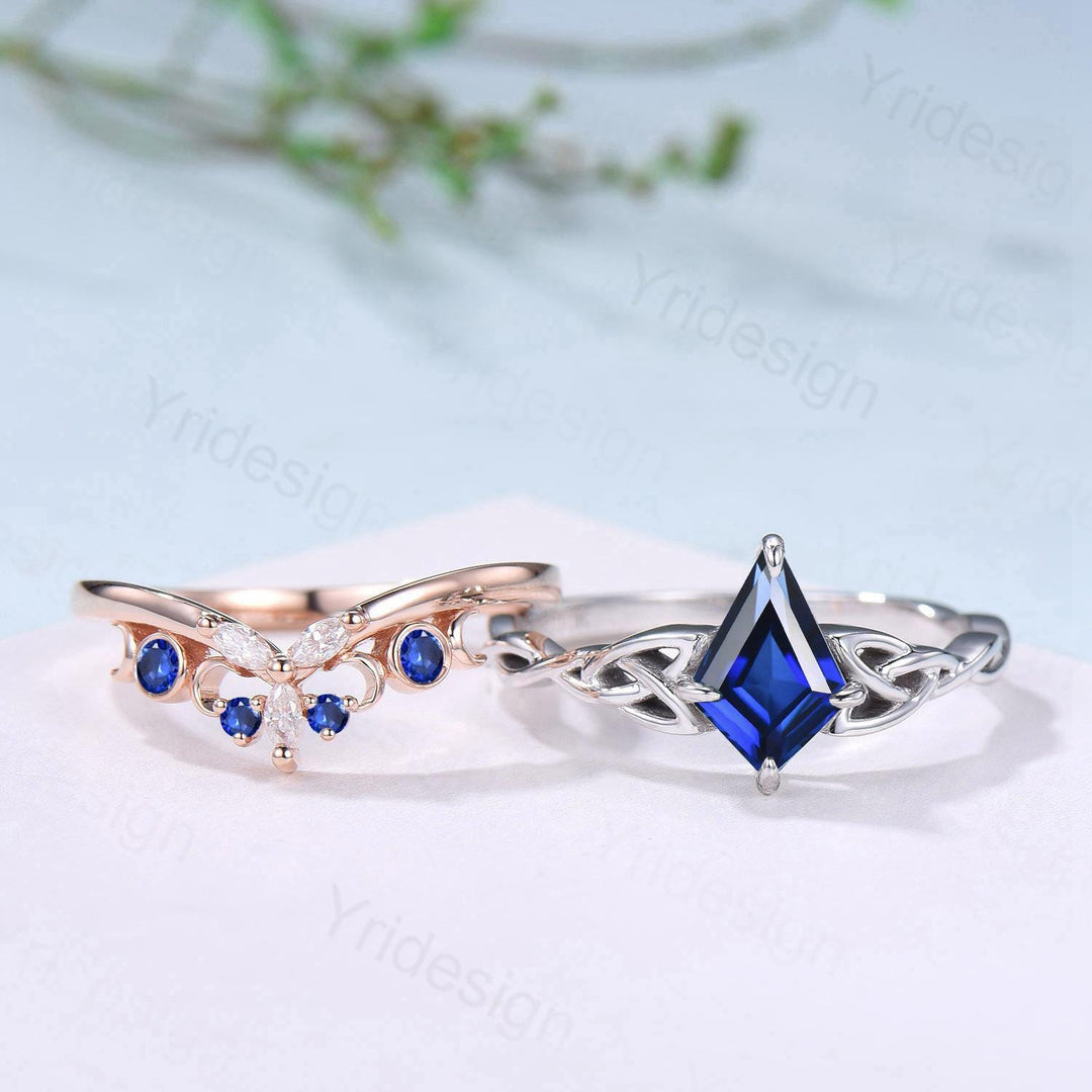 Norse Viking Kite Cut Blue Sapphire Engagement Ring Set Unique Celtic Love Knot Sep Birthstone Butterfly Wedding Band Twist Bridal Set Women - PENFINE