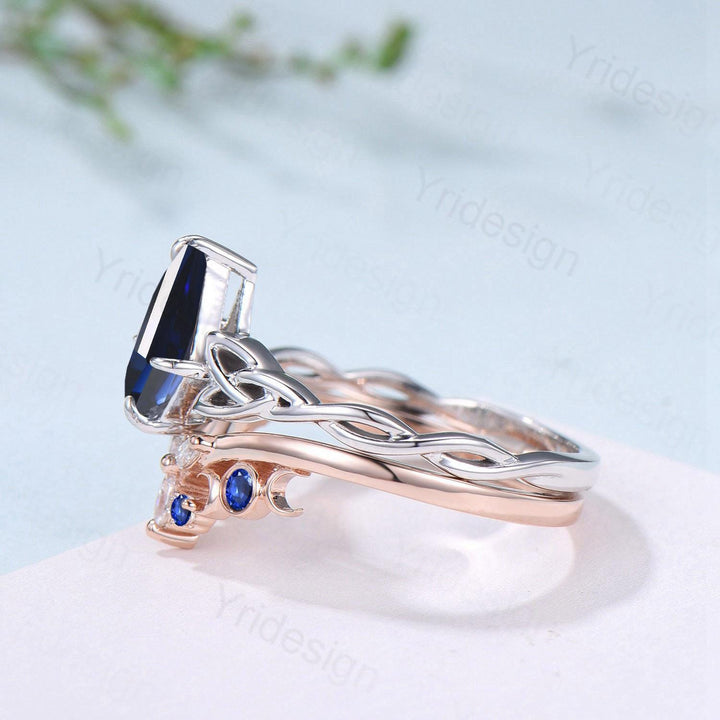 Norse Viking Kite Cut Blue Sapphire Engagement Ring Set Unique Celtic Love Knot Sep Birthstone Butterfly Wedding Band Twist Bridal Set Women - PENFINE