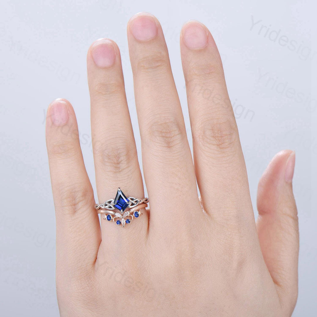 Norse Viking Kite Cut Blue Sapphire Engagement Ring Set Unique Celtic Love Knot Sep Birthstone Butterfly Wedding Band Twist Bridal Set Women - PENFINE