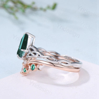 Norse Viking Kite Cut Emerald Engagement Ring Set Unique Celtic Love Knot May Birthstone Butterfly Wedding Ring Set Vintage Twist Bridal Set - PENFINE