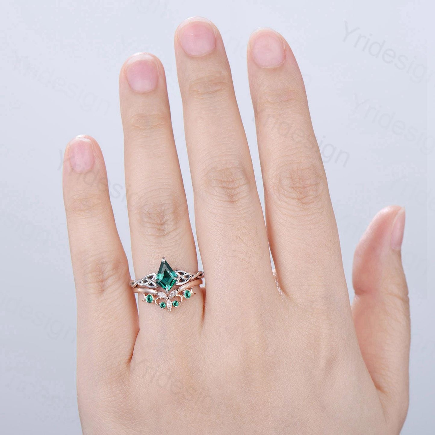 Norse Viking Kite Cut Emerald Engagement Ring Set Unique Celtic Love Knot May Birthstone Butterfly Wedding Ring Set Vintage Twist Bridal Set - PENFINE