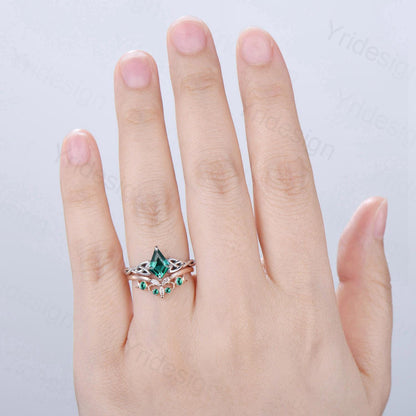 Norse Viking Kite Cut Emerald Engagement Ring Set Unique Celtic Love Knot May Birthstone Butterfly Wedding Ring Set Vintage Twist Bridal Set - PENFINE