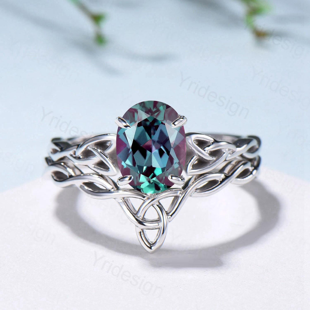 Norse Viking Alexandrite Wedding Ring Set Celtic Knot Lab Alexandrite Engagement Ring June Birthstone Jewelry Unique 2Pcs Twisted Bridal Set - PENFINE