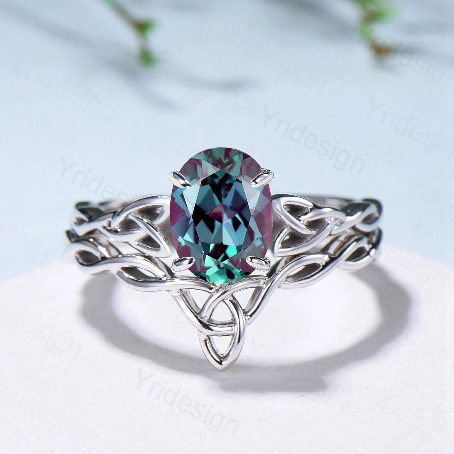 Norse Viking Alexandrite Wedding Ring Set Celtic Knot Lab Alexandrite Engagement Ring June Birthstone Jewelry Unique 2Pcs Twisted Bridal Set - PENFINE